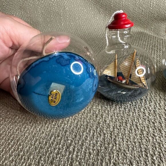 Ship in a bottle glass ball ornaments sailboat on the sea round Set of 3 - Picture 7 of 9